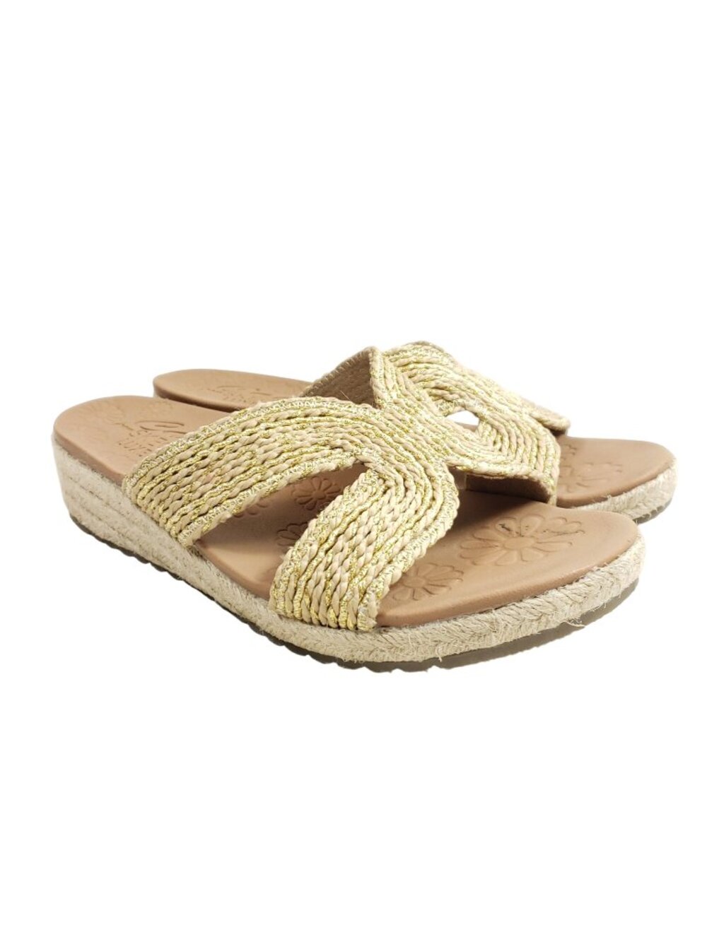 Skechers Cali Luxe Foam Womens Size 7 Wedge Sandals Beige Gold Braided Straps